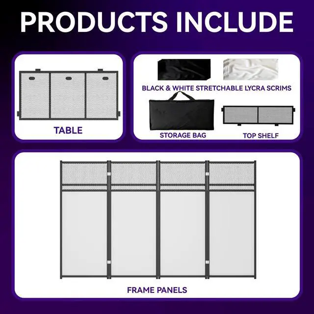 Alt view image 6 of 7 - Portable DJ Booth Table,Foldable DJ Table Stand with White & Black Scrim,Adjustable DJ Facade Booth Station Metal Frame with Cable Hole for Private Events, Clubs, Bars (40x20 Double Deck)