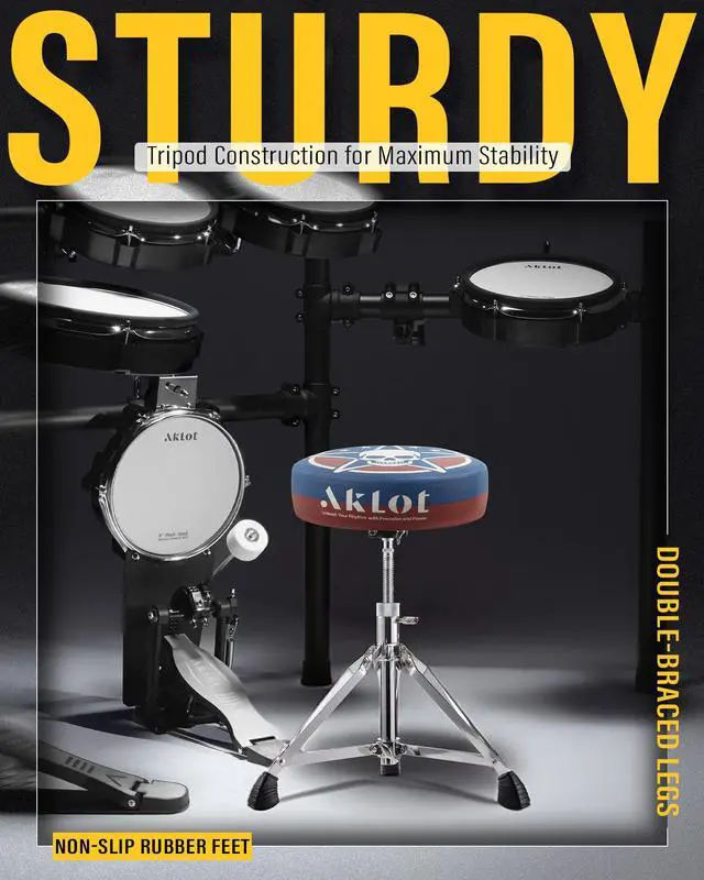 Alt view image 2 of 7 - Graphic Round-Top Drum Throne: Height Adjustable Drum Stool, with Thickened Sponge Seat, Bold Yet Edgy Graphic Throne, 5A and 7A Drumsticks, Sturdy Tripod Base with Non-Slip Rubber Feet (TR-SK)