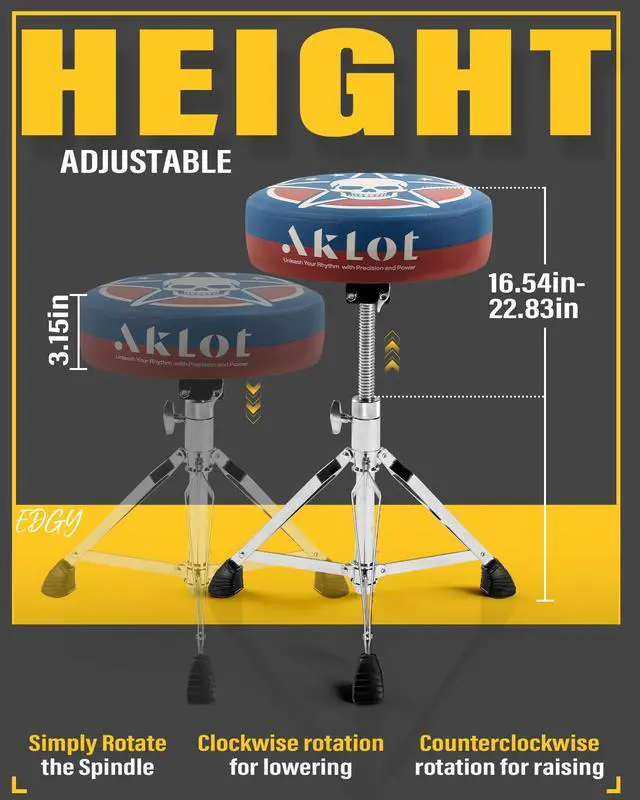 Alt view image 5 of 7 - Graphic Round-Top Drum Throne: Height Adjustable Drum Stool, with Thickened Sponge Seat, Bold Yet Edgy Graphic Throne, 5A and 7A Drumsticks, Sturdy Tripod Base with Non-Slip Rubber Feet (TR-SK)