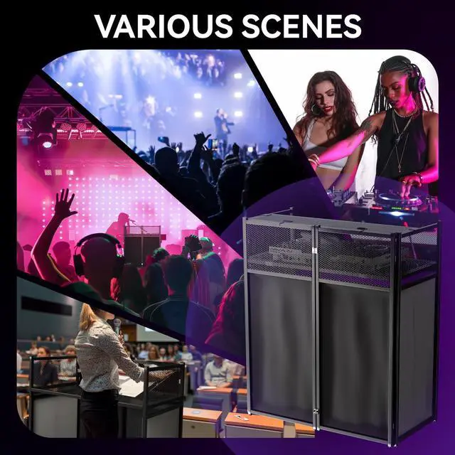 Alt view image 7 of 7 - Portable DJ Booth Table,Foldable DJ Table Stand with White & Black Scrim,Adjustable DJ Facade Booth Station Metal Frame with Cable Hole for Private Events, Clubs, Bars (40x20 Double Deck)