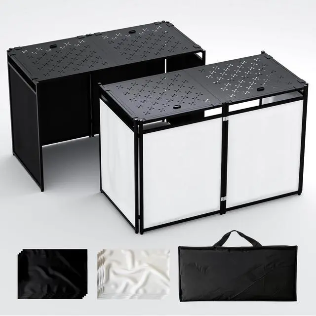 Main image of Portable DJ Booth Table Stand with 2-Height Adjustable Top Board, All-Iron Heavy Duty DJ Facade for Events, Includes 8 Scrims, Travel Bag, and 4 Leveling Legs, 54x27x45 Inches