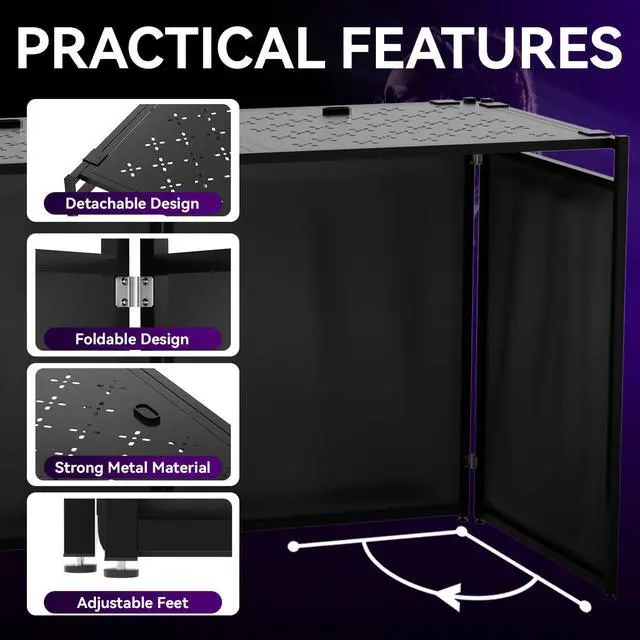 Alt view image 2 of 7 - Portable DJ Booth Table Stand with 2-Height Adjustable Top Board, All-Iron Heavy Duty DJ Facade for Events, Includes 8 Scrims, Travel Bag, and 4 Leveling Legs, 54x27x45 Inches