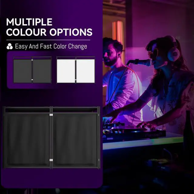 Alt view image 3 of 7 - Portable DJ Booth Table Stand with 2-Height Adjustable Top Board, All-Iron Heavy Duty DJ Facade for Events, Includes 8 Scrims, Travel Bag, and 4 Leveling Legs, 54x27x45 Inches
