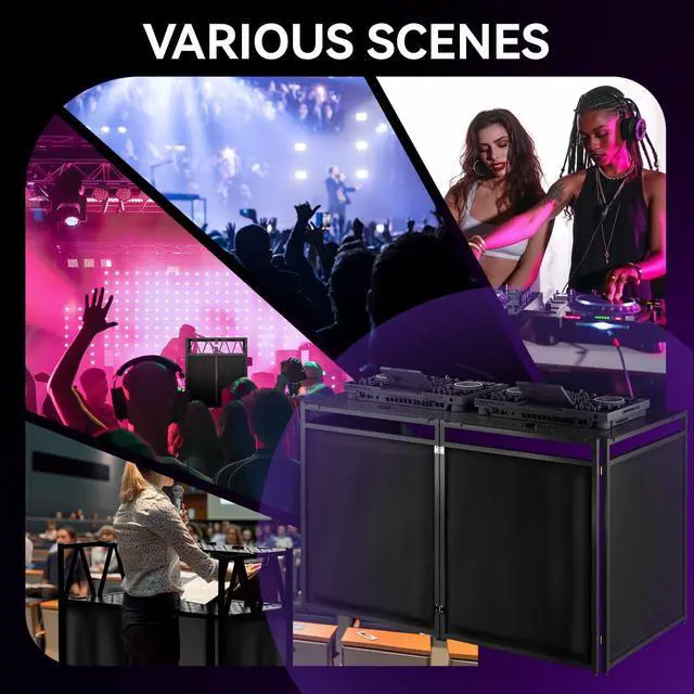 Alt view image 5 of 7 - Portable DJ Booth Table Stand with 2-Height Adjustable Top Board, All-Iron Heavy Duty DJ Facade for Events, Includes 8 Scrims, Travel Bag, and 4 Leveling Legs, 54x27x45 Inches