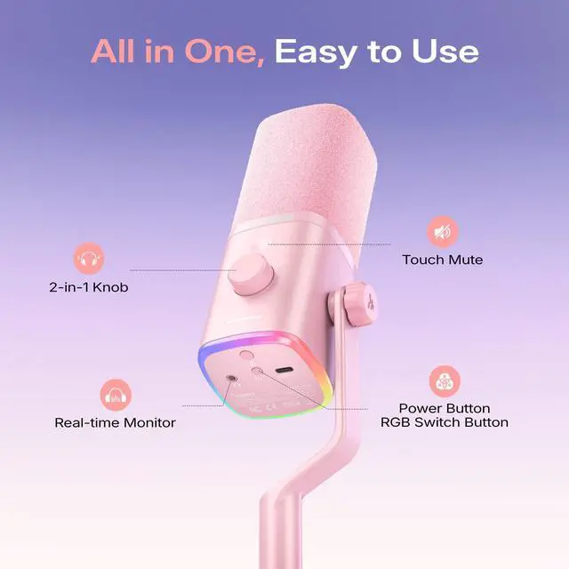 Alt view image 7 of 7 - PD100W USB Wireless Dynamic Microphone for PC, Gaming Streaming Podcast Mic with Noise Reduction,Custom RGB, MuteVolume Control, Computer Boom Mic for Vocal Recording, Pink