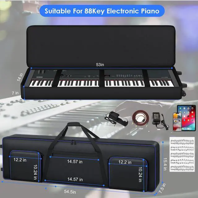 Alt view image 3 of 7 - 88 Key Keyboard Case With Wheels| Portable Padded 88 Piano Case |53" x14"x7"| Rolling Keyboard Gig Bag with Handles & Adjustable Shoulder Straps| Sturdy 88 Key Keyboard Bag With 3 Pockets