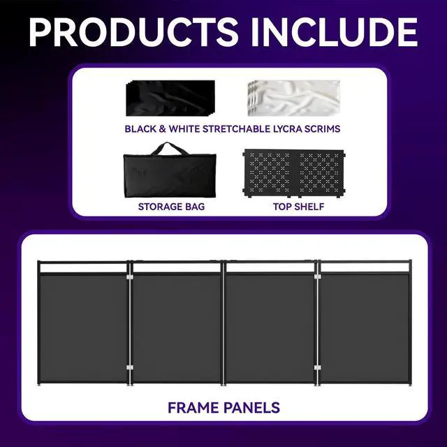 Alt view image 7 of 7 - Portable DJ Booth Table Stand with 2-Height Adjustable Top Board, All-Iron Heavy Duty DJ Facade for Events, Includes 8 Scrims, Travel Bag, and 4 Leveling Legs, 54x27x45 Inches