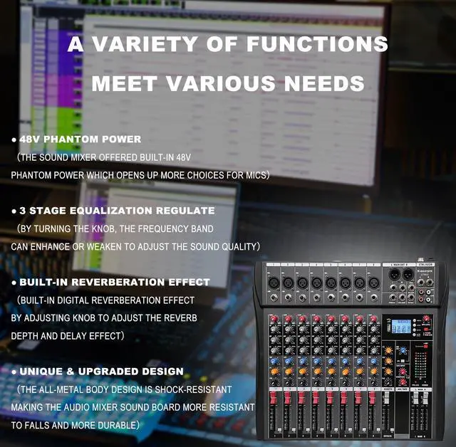 Alt view image 6 of 7 - 8 Channel Professional Audio Mixer Console Sound Board with 48V Phantom Power,USB Audio Interface for Live Show,Streaming Recording Music Stage Karaoke