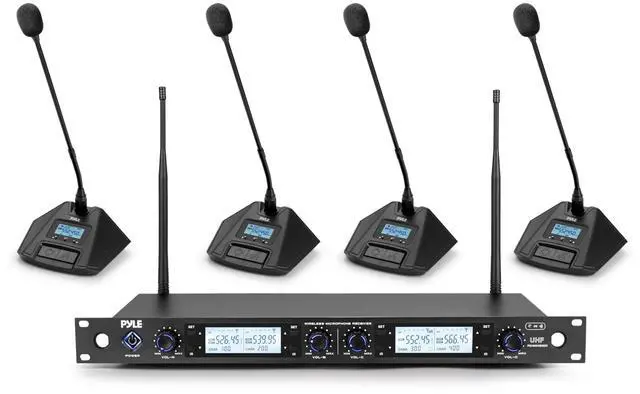 Main image of 4 Channel UHF Wireless Conference Microphone System with 4 Gooseneck Mics, 300 Ft Range, Selectable Frequencies & Rack Mount Receiver for Meetings, Presentations & Events