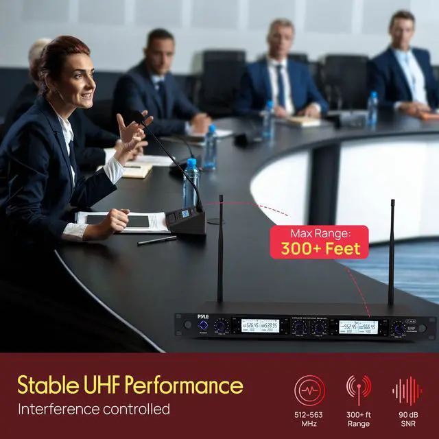 Alt view image 2 of 7 - 4 Channel UHF Wireless Conference Microphone System with 4 Gooseneck Mics, 300 Ft Range, Selectable Frequencies & Rack Mount Receiver for Meetings, Presentations & Events