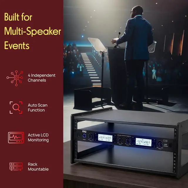 Alt view image 3 of 7 - 4 Channel UHF Wireless Conference Microphone System with 4 Gooseneck Mics, 300 Ft Range, Selectable Frequencies & Rack Mount Receiver for Meetings, Presentations & Events