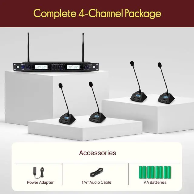 Alt view image 7 of 7 - 4 Channel UHF Wireless Conference Microphone System with 4 Gooseneck Mics, 300 Ft Range, Selectable Frequencies & Rack Mount Receiver for Meetings, Presentations & Events