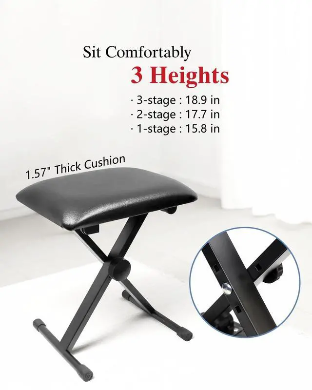 Alt view image 5 of 7 - Longeye Extra Stability Piano Stand and Bench for 88-Key & 61-Key Piano Keyboard, Adjustable Piano Chair with cushion, Foldable X-Style Stand, Padded Seat, Compact, White