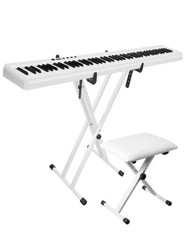 Alt view image 7 of 7 - Longeye Extra Stability Piano Stand and Bench for 88-Key & 61-Key Piano Keyboard, Adjustable Piano Chair with cushion, Foldable X-Style Stand, Padded Seat, Compact, White