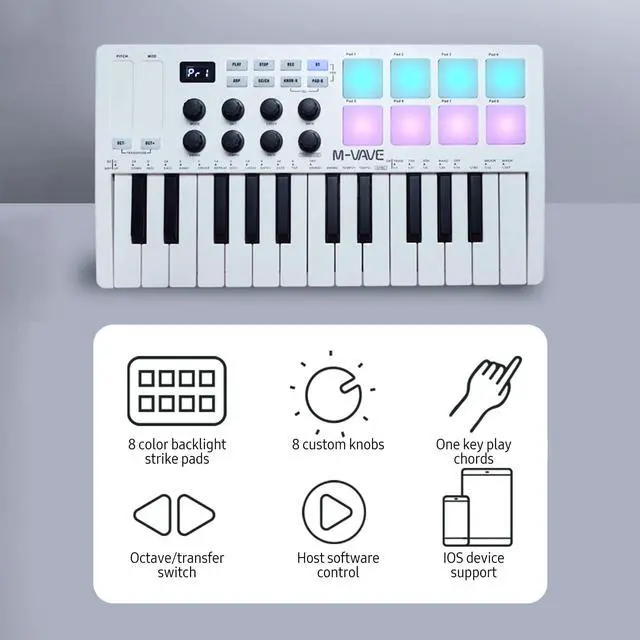 Alt view image 4 of 7 - 25-Key Wireless MIDI Controller Keyboard with RGB Pads and Control Knobs | Create music anywhere with a wireless 25-key MIDI controller featuring RGB pads, smart controls and DAW compatibility