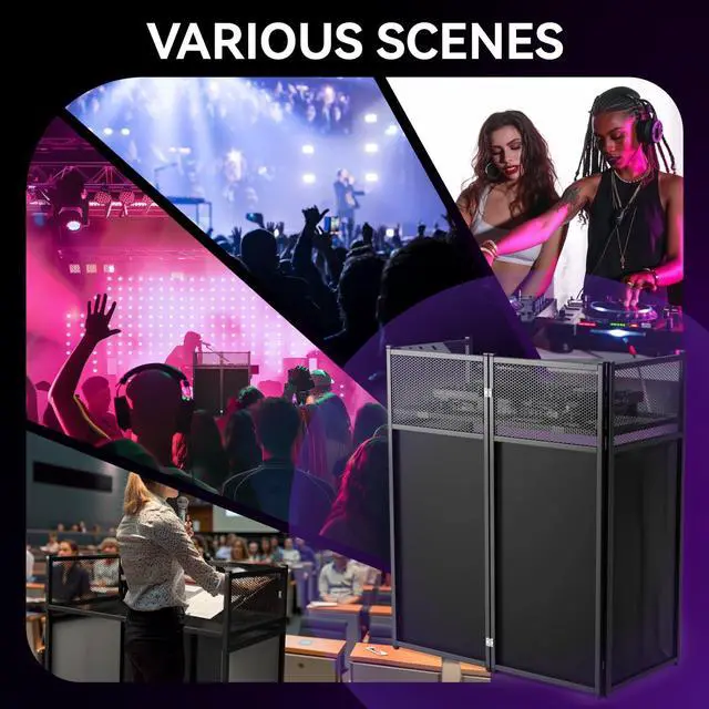 Alt view image 7 of 7 - Portable DJ Booth Stand, 40" x 20" x 45" Foldable DJ Table with 8-Piece Black & White Lycra Scrim Facade, 200lbs Capacity Metal Event Booth with Corner Shelves, Cable Ports & Carry Bag