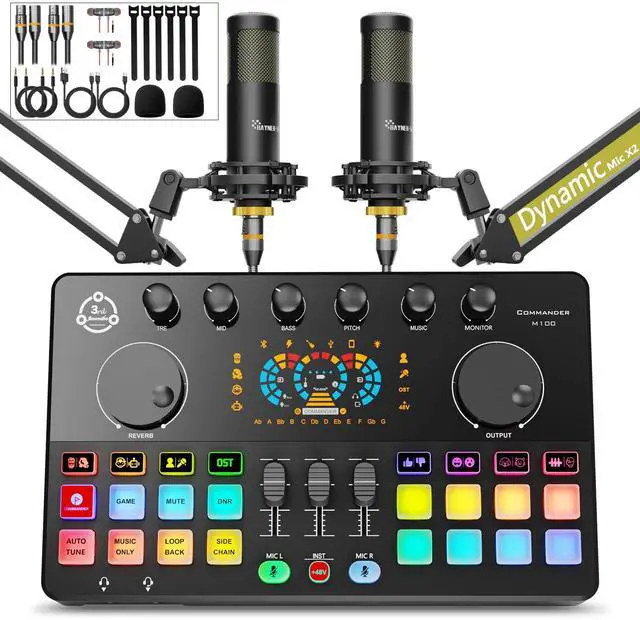 Main image of Podcast Equipment Bundle for 2, Audio Mixer with XLR Dynamic Microphone, Voice Change,RGB for Vocal Recording Podcasting,Streaming Singing TikTok, PC, Smartphone COMMANDER M100 3rd