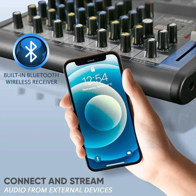 Alt view image 4 of 7 - Professional 6 Channel Audio Mixer with Bluetooth - DJ Sound Board - USB Computer Input - Built-in MP3 Player - 48V Phantom Power - 3 Band EQ - 16-Bit DSP FX - Band, Studio Ready - PMXU63BT