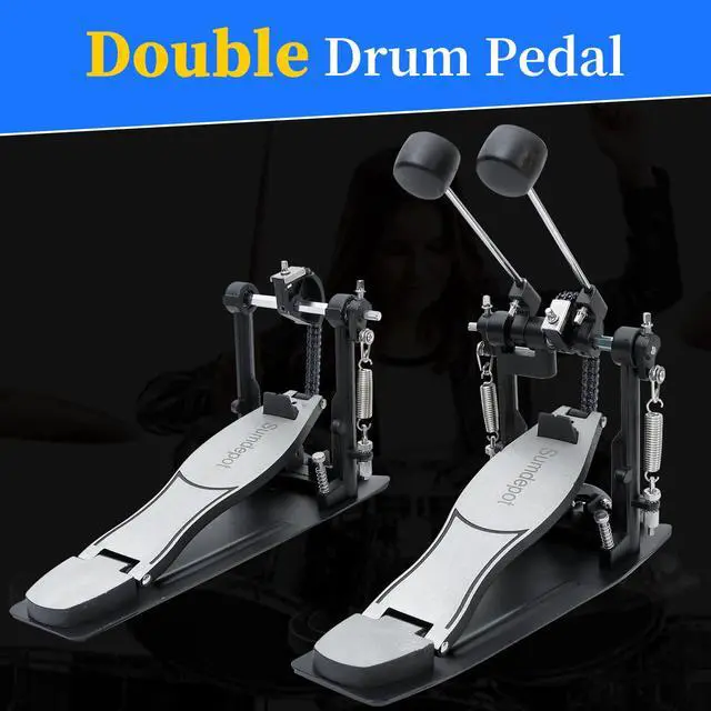 Alt view image 2 of 7 - Double Bass drum Pedal,Double Bass Pedal with Adjustable Beater Head,Double Chain Drive Foot Kick Pedal with Drum Key for Drum Set and Electronic Drums (Silver, Double drum pedal)