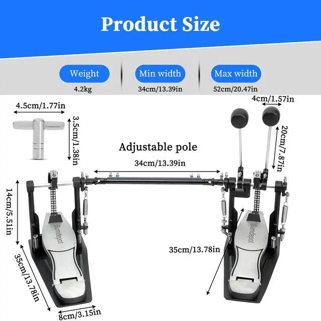 Alt view image 5 of 7 - Double Bass drum Pedal,Double Bass Pedal with Adjustable Beater Head,Double Chain Drive Foot Kick Pedal with Drum Key for Drum Set and Electronic Drums (Silver, Double drum pedal)