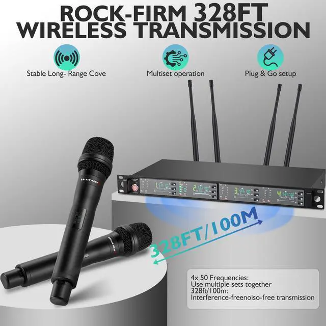 Alt view image 2 of 7 - Wireless Microphone System with 4 Channel Wireless Mics | Professional Handheld Dynamic Microphones, IR Auto Scan, 4x50 UHF Frequencies, 328ft Range, Mics for Singing, Church, Karaoke
