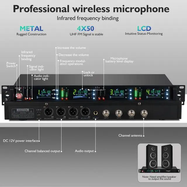 Alt view image 3 of 7 - Wireless Microphone System with 4 Channel Wireless Mics | Professional Handheld Dynamic Microphones, IR Auto Scan, 4x50 UHF Frequencies, 328ft Range, Mics for Singing, Church, Karaoke