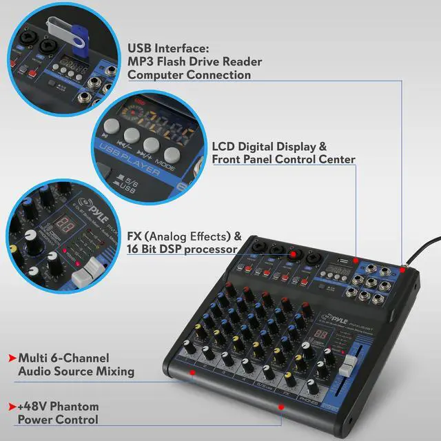 Alt view image 6 of 7 - Professional 6 Channel Audio Mixer with Bluetooth - DJ Sound Board - USB Computer Input - Built-in MP3 Player - 48V Phantom Power - 3 Band EQ - 16-Bit DSP FX - Band, Studio Ready - PMXU63BT