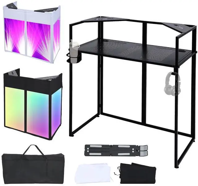 Main image of Portable DJ Booth Facade,DJ Table,Heavy-Duty DJ Table Stand Portable Booth,Iron Plate Surface DJ Facade Booth,with Carry Bag & Hook & Cup Holder (41.3"L x 20.4"W x 43.3"H)