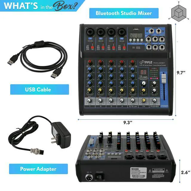Alt view image 7 of 7 - Professional 6 Channel Audio Mixer with Bluetooth - DJ Sound Board - USB Computer Input - Built-in MP3 Player - 48V Phantom Power - 3 Band EQ - 16-Bit DSP FX - Band, Studio Ready - PMXU63BT