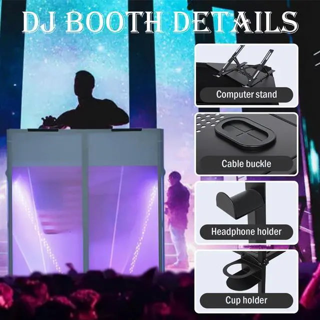Alt view image 3 of 7 - Portable DJ Booth Facade,DJ Table,Heavy-Duty DJ Table Stand Portable Booth,Iron Plate Surface DJ Facade Booth,with Carry Bag & Hook & Cup Holder (41.3"L x 20.4"W x 43.3"H)