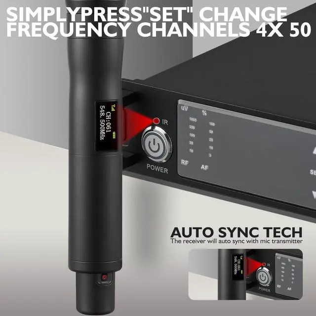 Alt view image 6 of 7 - Wireless Microphone System with 4 Channel Wireless Mics | Professional Handheld Dynamic Microphones, IR Auto Scan, 4x50 UHF Frequencies, 328ft Range, Mics for Singing, Church, Karaoke