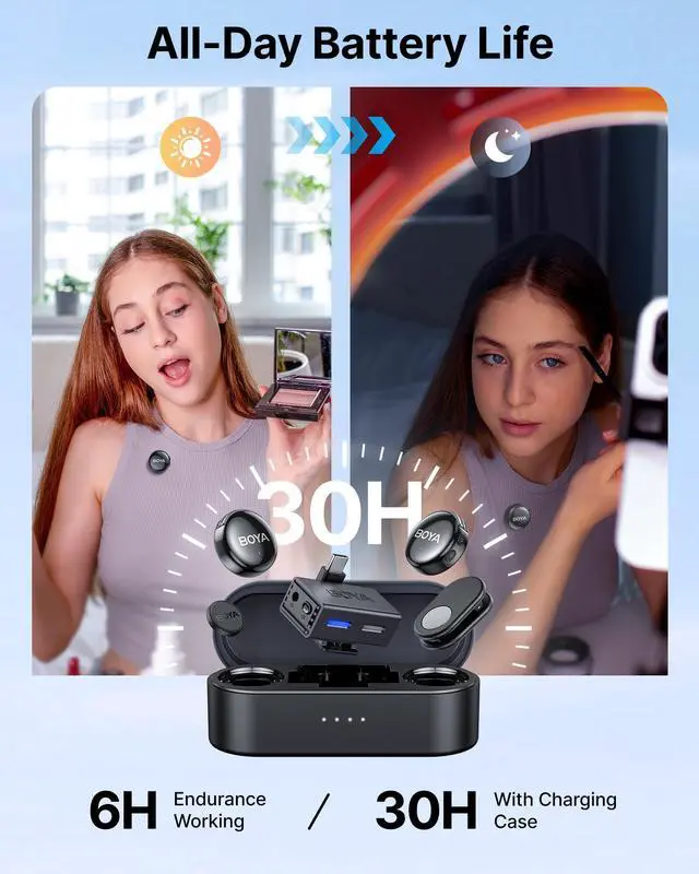 Alt view image 6 of 7 - LINK 3 Wireless Lavalier Mini Microphones for iPhone 15-16/Android/PC/Camera,AI Noise Cancellation,48kHz/24Bit Studio Sound,APP Control,984ft 30h Battery with Charging Case for Vlog Interview