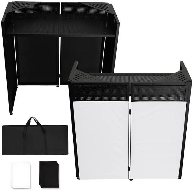 Main image of DJ Booth Table Station with 2 Storage Triangular Panel | Black & White Scrims, Detachable DJ Table, Carrying Bag, Foldable Metal Frame DJ Booth Panel for Show, Wedding, Clubs