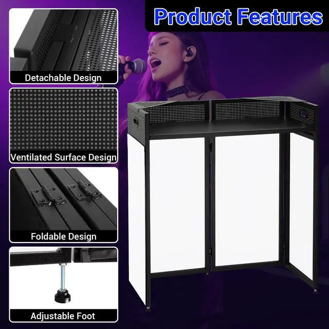 Alt view image 5 of 7 - DJ Booth Table Station with 2 Storage Triangular Panel | Black & White Scrims, Detachable DJ Table, Carrying Bag, Foldable Metal Frame DJ Booth Panel for Show, Wedding, Clubs