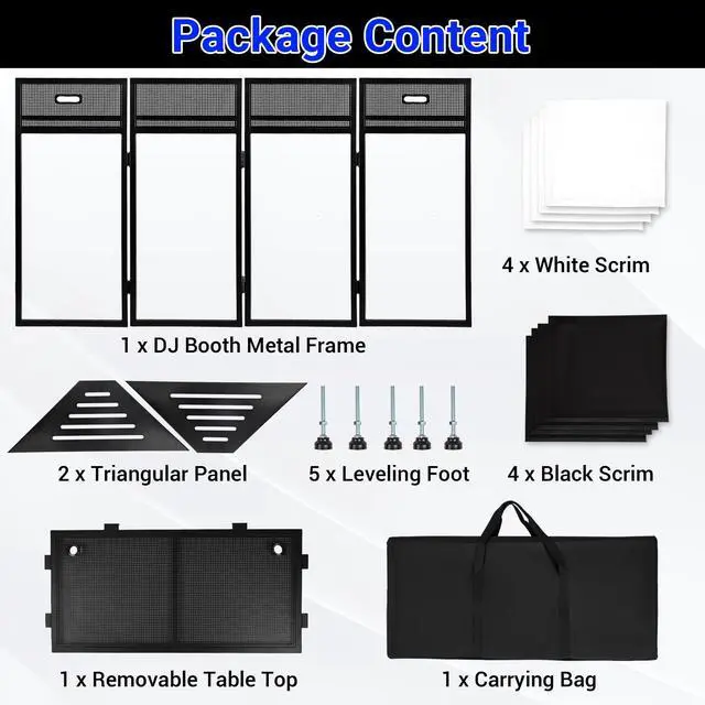 Alt view image 7 of 7 - DJ Booth Table Station with 2 Storage Triangular Panel | Black & White Scrims, Detachable DJ Table, Carrying Bag, Foldable Metal Frame DJ Booth Panel for Show, Wedding, Clubs