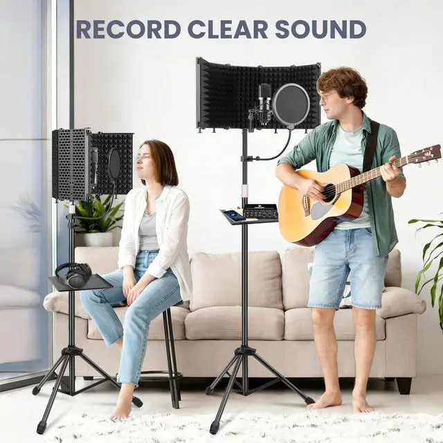 Alt view image 2 of 7 - Studio Recording Microphone Isolation Shield with Pop Filter &Tri-Stand Kit and Phone Clip Foldable Triple Layer Sound Proofing,5-Sided Studio Mic Cover for Recording,Podcasting,Streaming,Singing