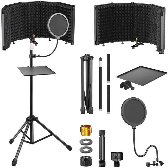 Main image of Studio Recording Microphone Isolation Shield with Pop Filter &Tri-Stand Kit and Phone Clip Foldable Triple Layer Sound Proofing,5-Sided Studio Mic Cover for Recording,Podcasting,Streaming,Singing