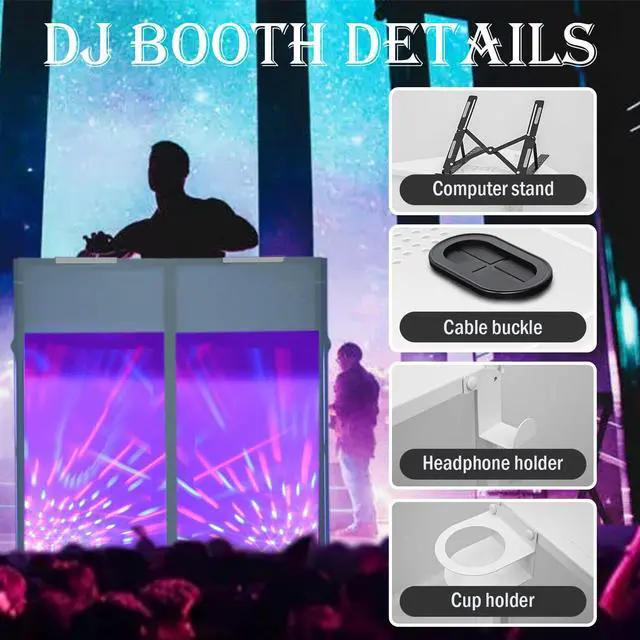 Alt view image 3 of 7 - Portable DJ Booth Facade,DJ Table,Heavy-Duty DJ Table Stand Portable Booth,Iron Plate Surface DJ Facade Booth,with Carry Bag & Hook & Cup Holder (41.3"L x 20.4"W x 43.3"H)