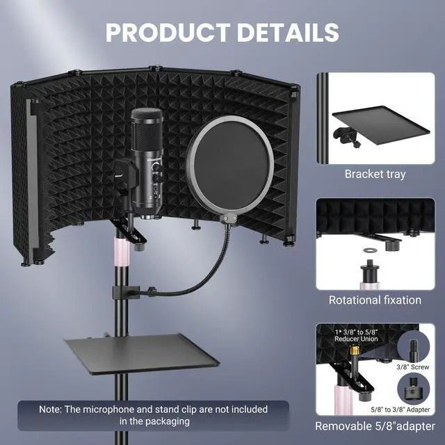 Alt view image 4 of 7 - Studio Recording Microphone Isolation Shield with Pop Filter &Tri-Stand Kit and Phone Clip Foldable Triple Layer Sound Proofing,5-Sided Studio Mic Cover for Recording,Podcasting,Streaming,Singing