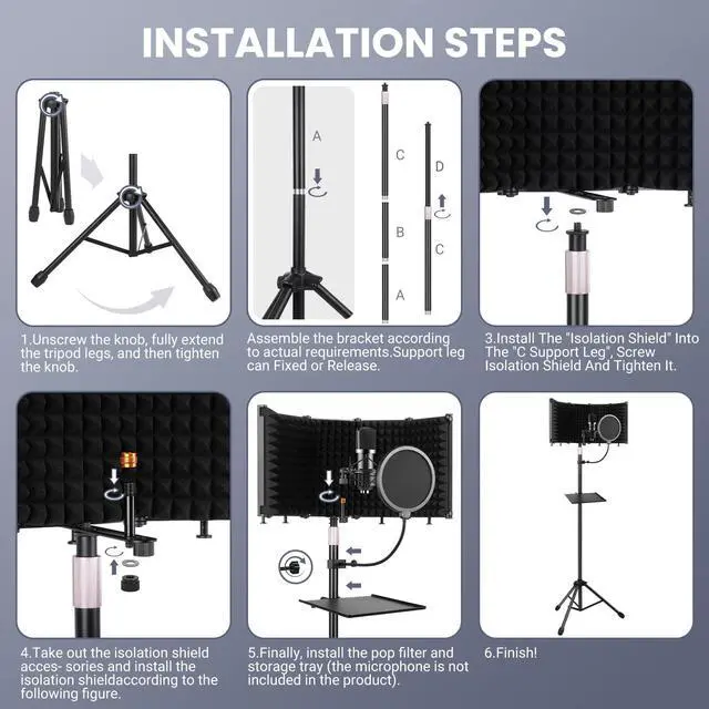 Alt view image 6 of 7 - Studio Recording Microphone Isolation Shield with Pop Filter &Tri-Stand Kit and Phone Clip Foldable Triple Layer Sound Proofing,5-Sided Studio Mic Cover for Recording,Podcasting,Streaming,Singing