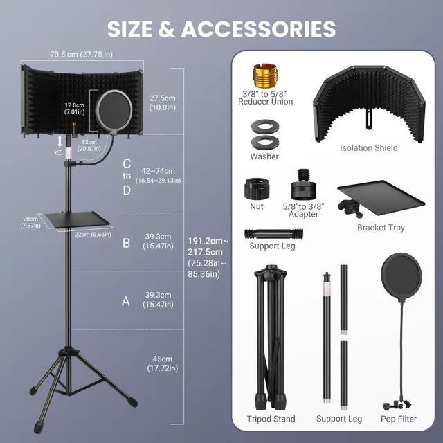 Alt view image 7 of 7 - Studio Recording Microphone Isolation Shield with Pop Filter &Tri-Stand Kit and Phone Clip Foldable Triple Layer Sound Proofing,5-Sided Studio Mic Cover for Recording,Podcasting,Streaming,Singing