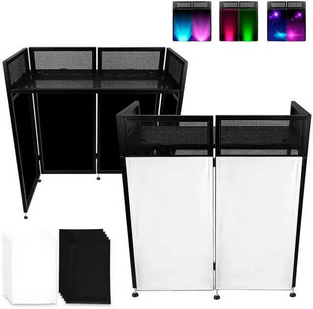 Main image of DJ Booth Table Station 44"x42"x21", DJ Facade Booth | Black & White Scrims, Detachable 40"x20" DJ Table, Carrying Bag, Foldable Metal Frame DJ Panel for Show, Party, Gathering