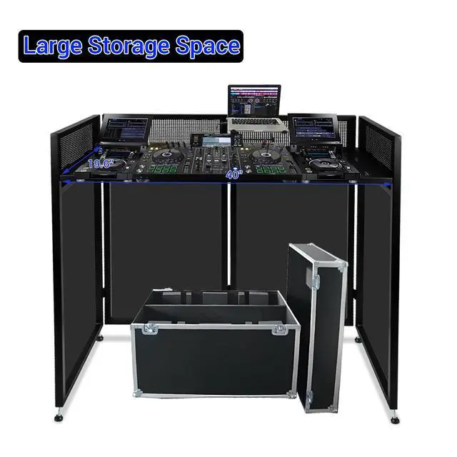 Alt view image 3 of 7 - DJ Booth Table Station 44"x42"x21", DJ Facade Booth | Black & White Scrims, Detachable 40"x20" DJ Table, Carrying Bag, Foldable Metal Frame DJ Panel for Show, Party, Gathering