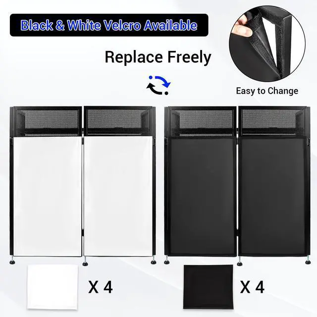 Alt view image 4 of 7 - DJ Booth Table Station 44"x42"x21", DJ Facade Booth | Black & White Scrims, Detachable 40"x20" DJ Table, Carrying Bag, Foldable Metal Frame DJ Panel for Show, Party, Gathering