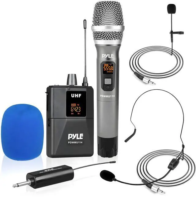 Main image of UHF Wireless Microphone System Kit - Portable Professional Cordless Microphone Set Wireless Mic - Headset, Lavalier, Beltpack Transmitter, Receiver - Karaoke, Conference PDWMU114, Black