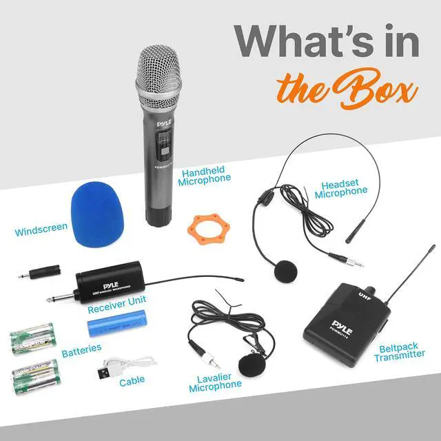 Alt view image 2 of 7 - UHF Wireless Microphone System Kit - Portable Professional Cordless Microphone Set Wireless Mic - Headset, Lavalier, Beltpack Transmitter, Receiver - Karaoke, Conference PDWMU114, Black