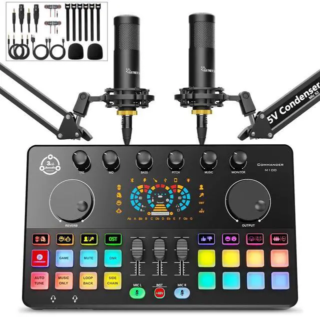 Main image of Podcast Equipment Bundle for 2, Audio Interface with Condenser Microphone, Voice Change, DJ Mixer for Streaming, Podcast Recording COMMANDER M100 3rd