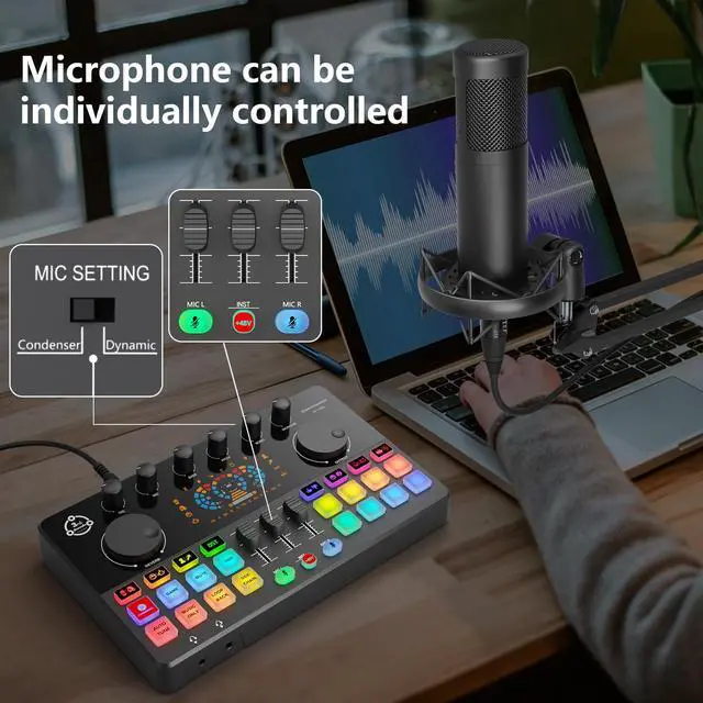 Alt view image 5 of 7 - Podcast Equipment Bundle for 2, Audio Interface with Condenser Microphone, Voice Change, DJ Mixer for Streaming, Podcast Recording COMMANDER M100 3rd