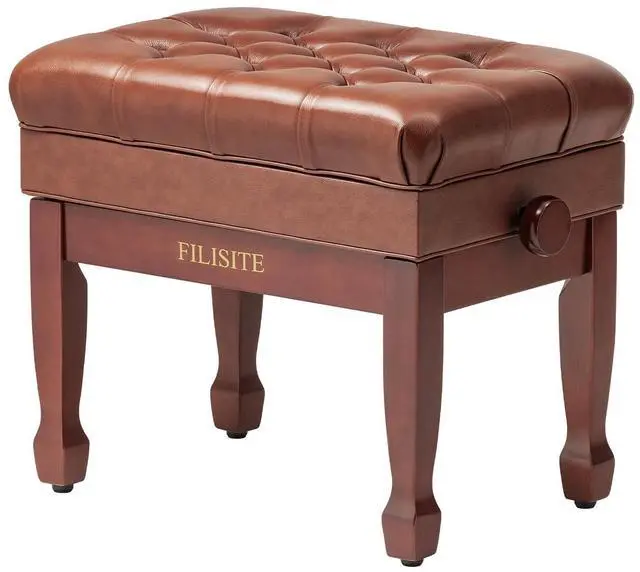 Main image of Genuine Leather Adjustable Piano Bench with Storage Compartment, Heavy Duty Solid Wooden Keyboard Stool with Padded Cushion Seat (Brown)
