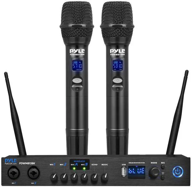 Main image of Digital Wireless Microphone System with Bluetooth - Includes 2 Dynamic UHF Handheld Mics, Portable Long-Range Receiver w/Built-in Echo Effect - for Live Pro Audio, Karaoke, Studio - PDWM813BK